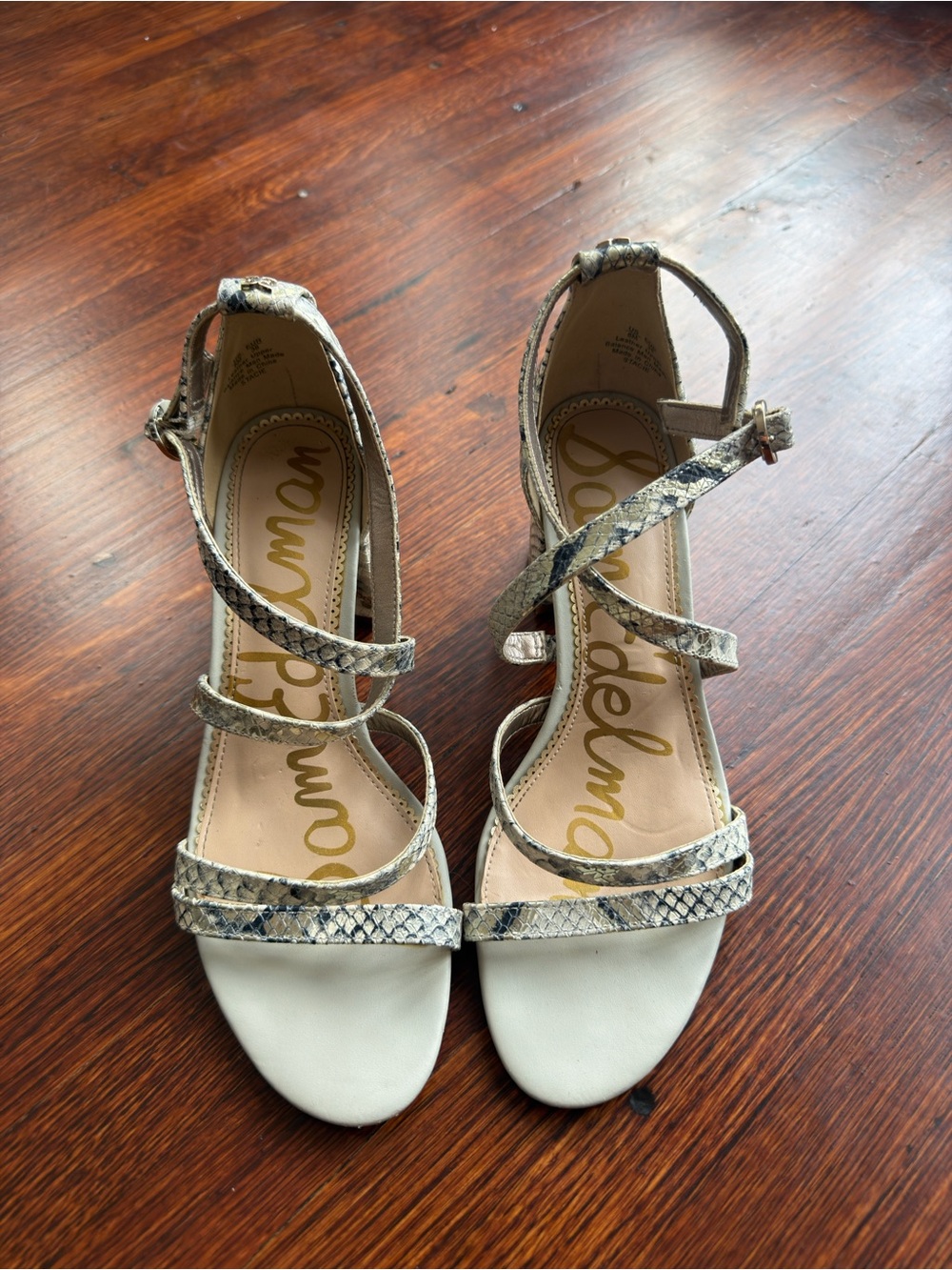 Sam Edelman Stacie Snakeskin Block Heel Sandals Strappy Grey Tan Leather 8M